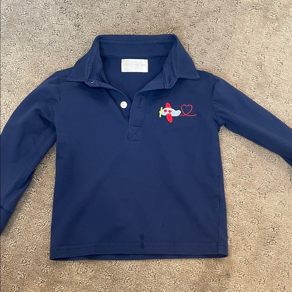 Navy Kids Shirt with Heart Airplane Embroidery
